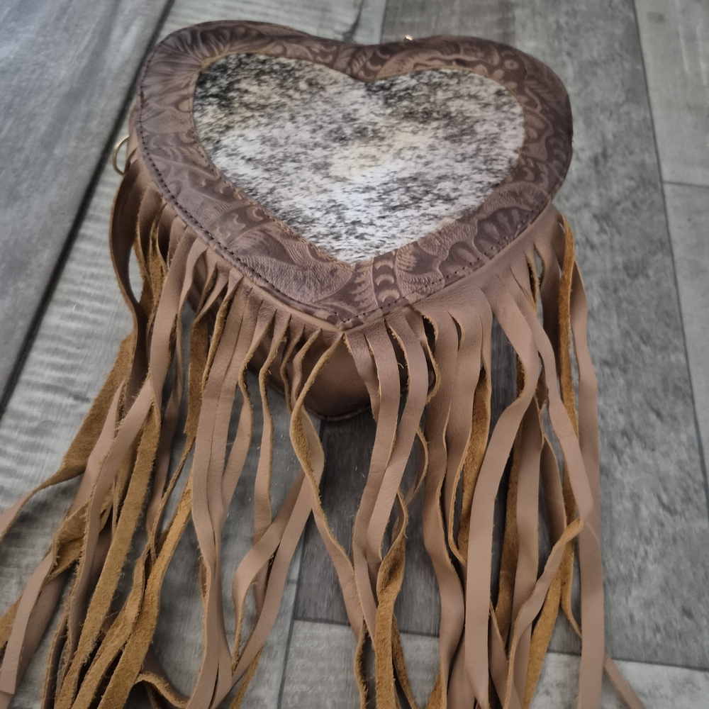Cowhide Western Faux Leather Bag Heart Shaped Brown Round Crossbody with Fringe